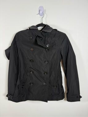 BURBERRY BRIT | Black Double Breasted Nylon Utility Jacket Missing Belt Size 2